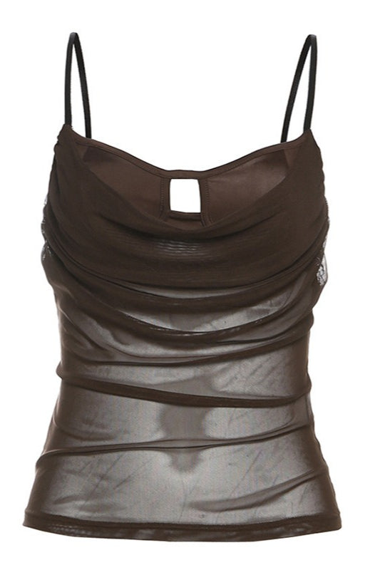 Draped Mesh Keyhole Strappy Tank Top