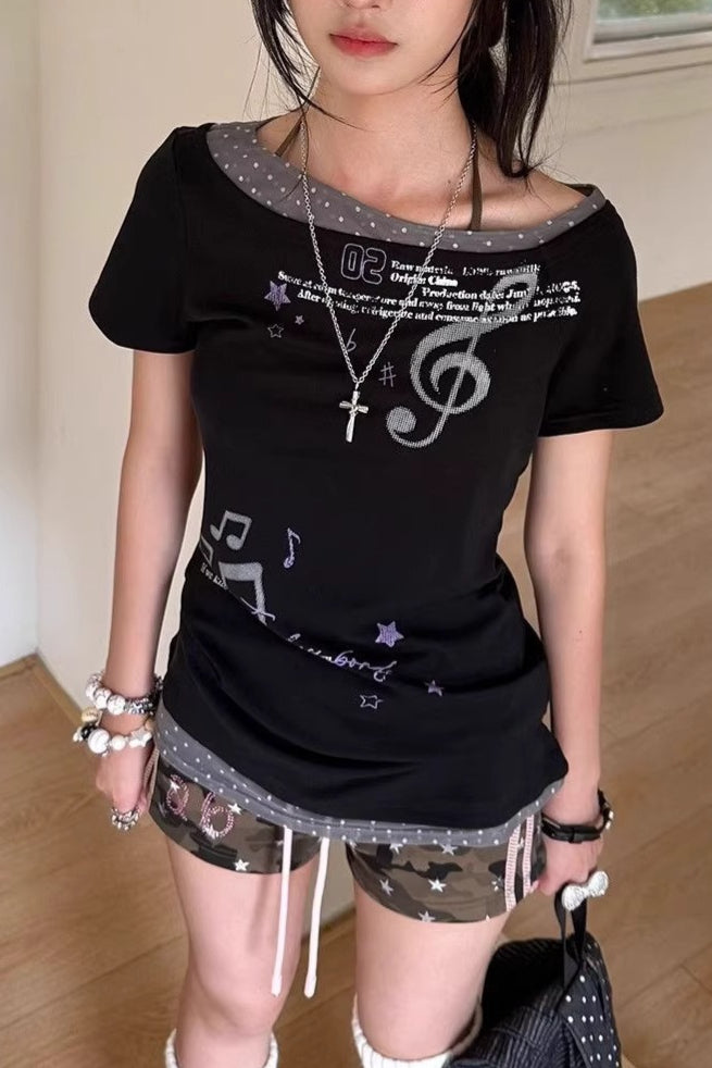 Music Note Graphic Wide Neck T-Shirt