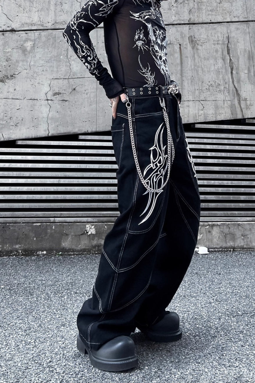 Embroidered Contrast-Stitch Wide-Leg Jeans