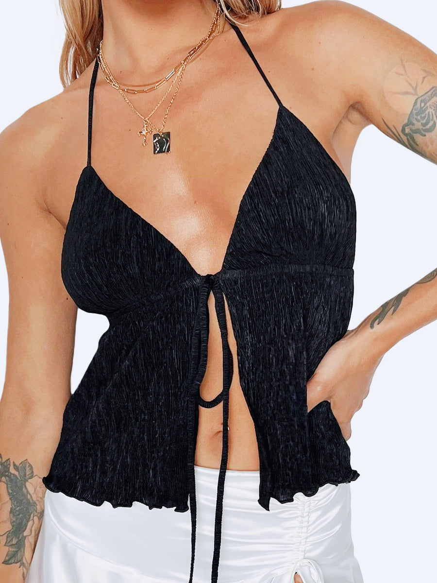 Y2K Front Tie Deep V Crop Top