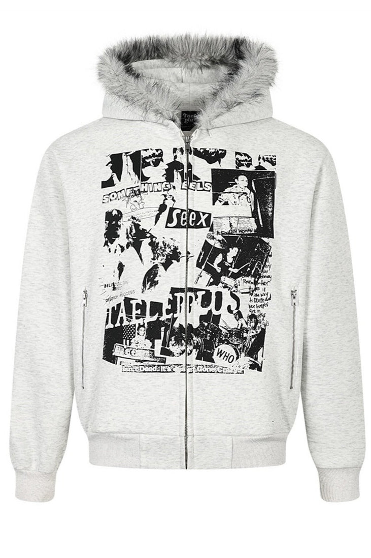 Graphic Panel Fluffy Trim Hoodies