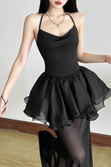 Goth Dark Halter Mesh Stitch Hem Backless Maxi Dress