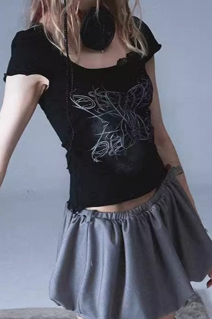 Edgy Y2K Lace Printed Slim Crew Neck T-shirt