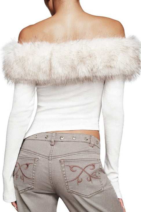 Fluffy Trim Asymmetric Hem Crop Tops