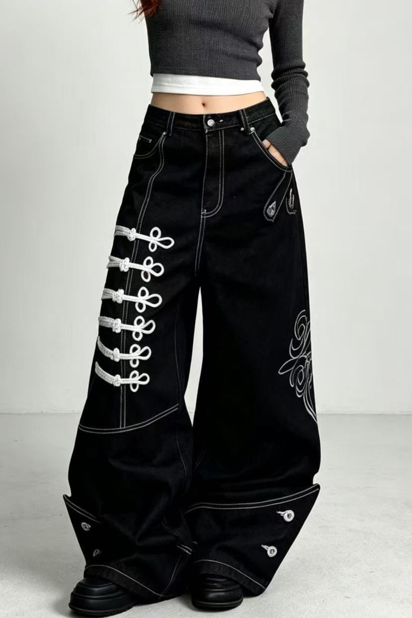 Safety Pin Motif Denim Pants