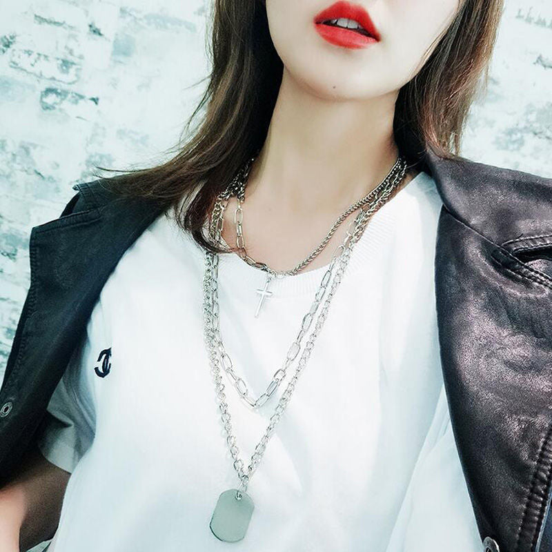 Minimalist Hip-Hop Punk Trendy Cross Sweater Chain Necklace Set Halloween