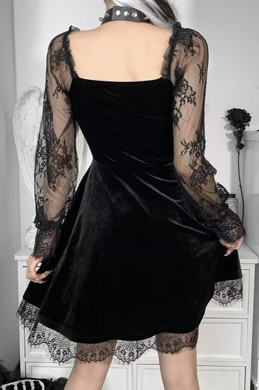 Lace Patchwork Long Sleeve Ruffled Mini Dress