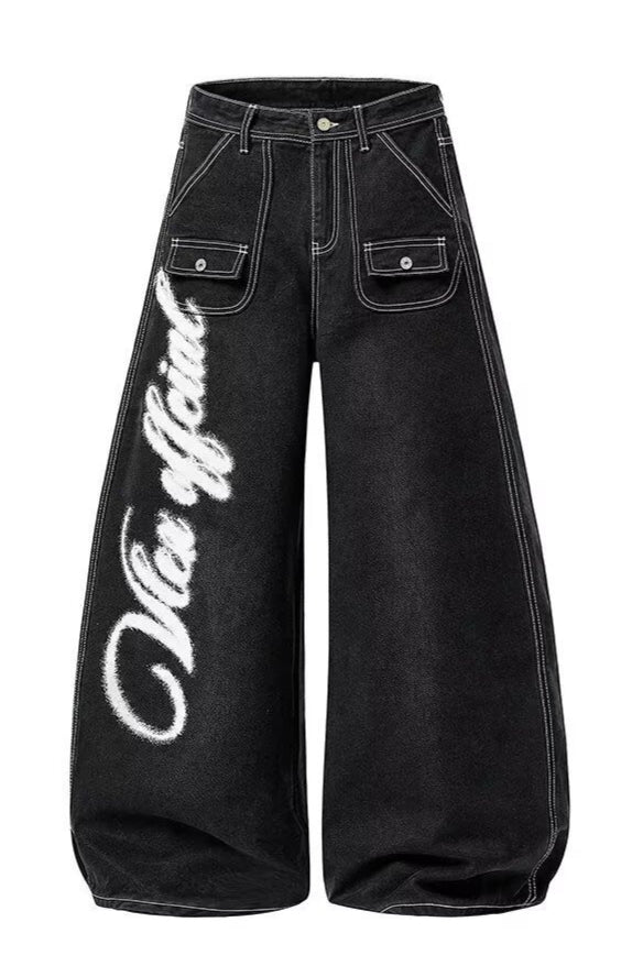 Wing Print Wide Leg Denim Pants