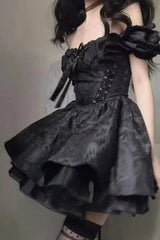 Gothic Jacquard Puff Sleeve A-line Bow Mini Dress