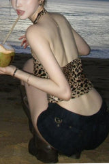 Y2K Leopard Print Mesh Halter Crop Top