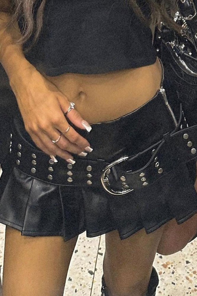 Black Faux Leather Belted Pleated Mini Skirt