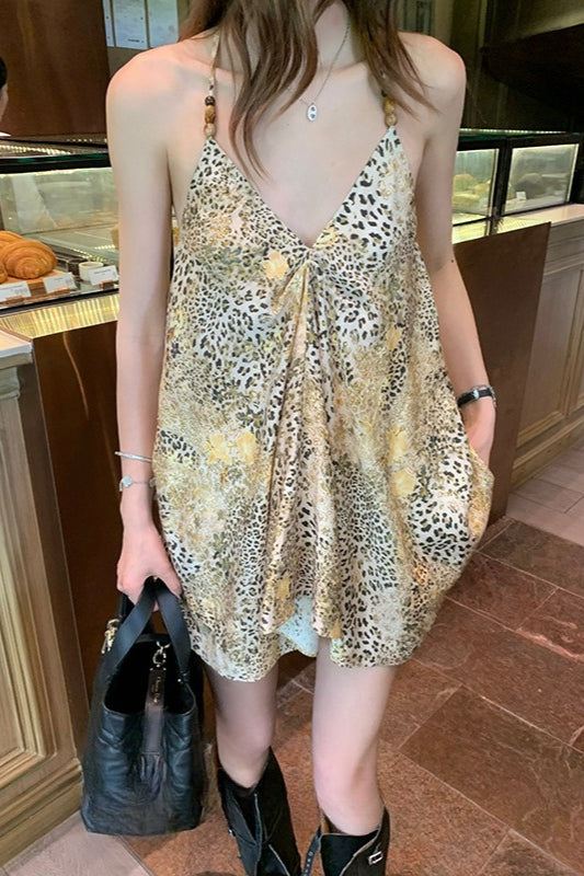 Leopard Print Beaded Irregular V-neck Chiffon Cami Top