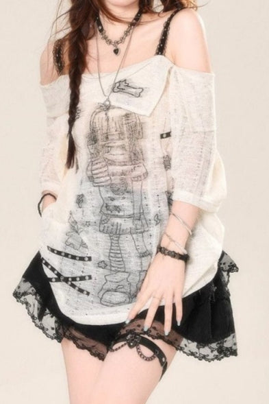 Subculture Loose Lace Sheer Printed Off-Shoulder T-shirt