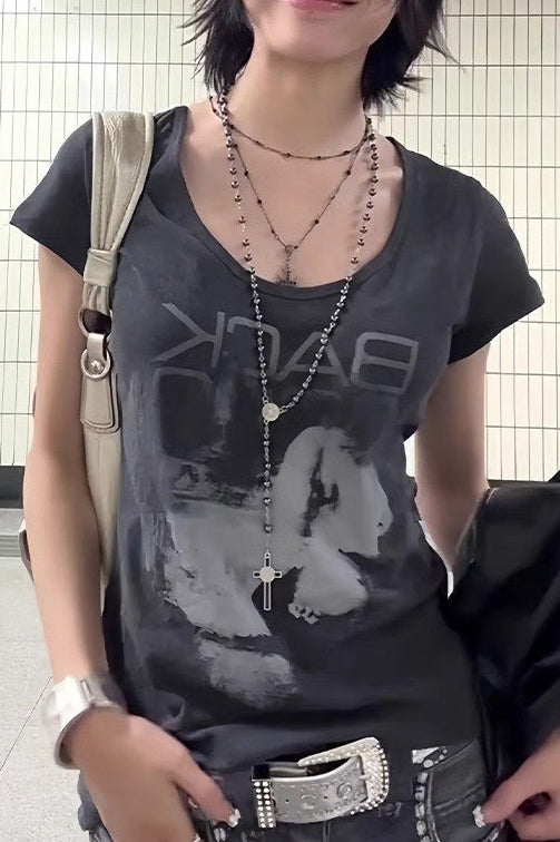 Portrait Print Vintage Slim Regular Shoulder T-Shirt Secondary image