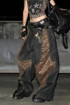 Leopard Mesh Panel Barrel Jeans
