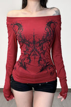 E-girl Dark Print Lace Trim Off Shoulder Slim T-shirt