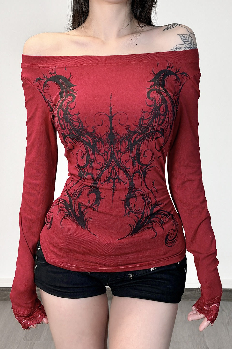 E-girl Dark Print Lace Trim Off Shoulder Slim T-shirt