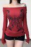 E-girl Dark Print Lace Trim Off Shoulder Slim T-shirt