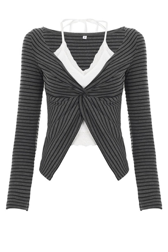 Striped Twist Front Lace Cardigans