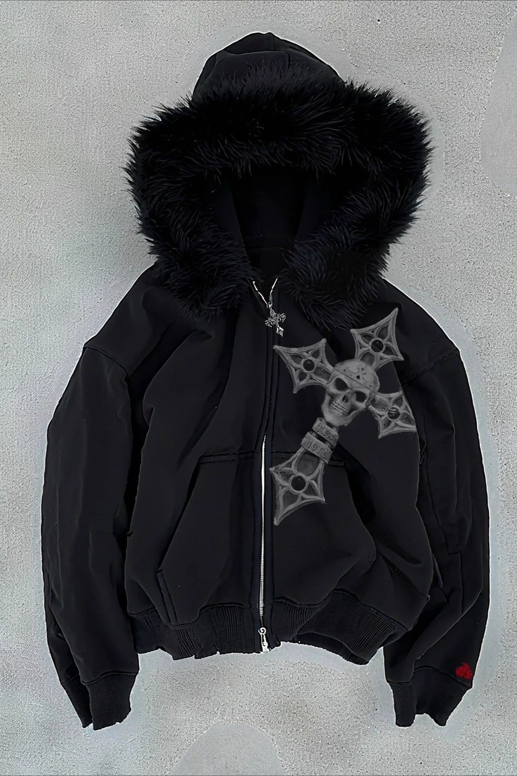 Angel Cross Black Fur Trim Zip Hoodie