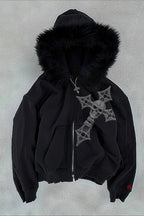 Angel Cross Black Fur Trim Zip Hoodie