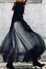 Spring Gothic Punk Lace Mesh Patchwork Flared Midi Skirt