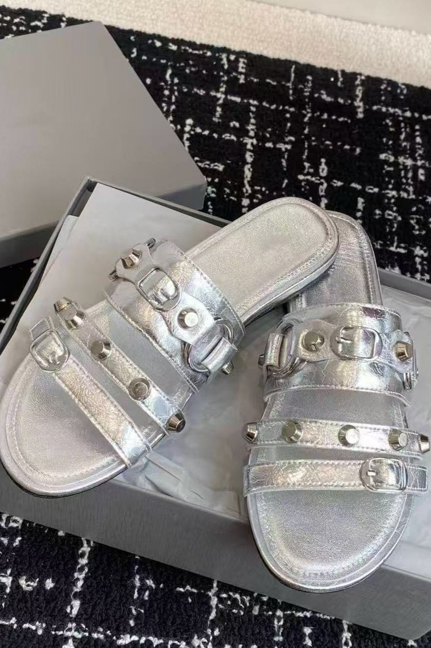 Multi-Buckle Studded Flat Slides