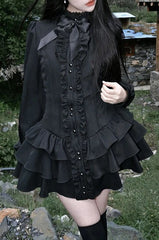 Black Gothic Lace O Neck Long Sleeve Slim Lolita Mini Dress