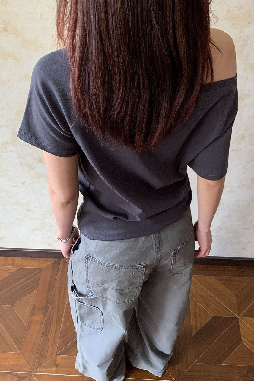 Wide Neck Letter Print T-Shirt
