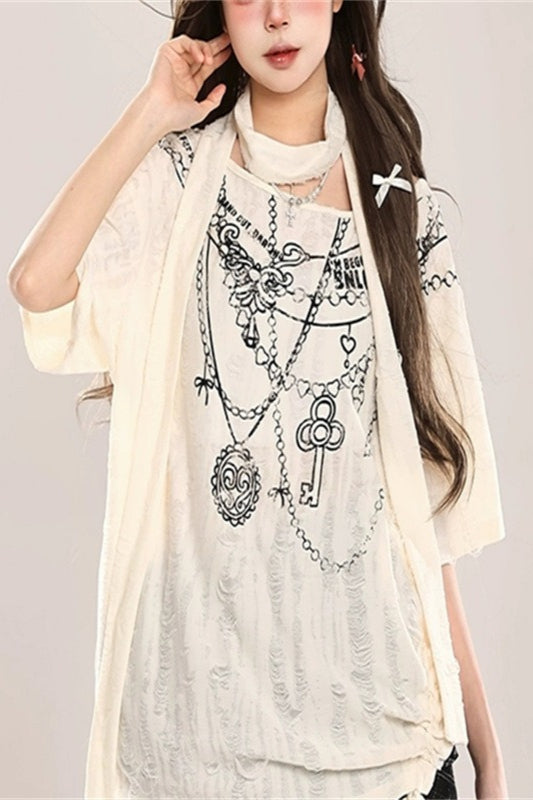 Wasteland Cutout Shoulder Distressed Lace-Up T-shirt Main image