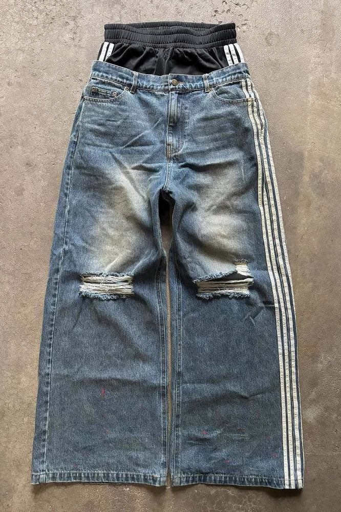 Striped Side Panel Distressed Wide Leg Jeans