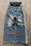 Striped Side Panel Distressed Wide Leg Jeans
