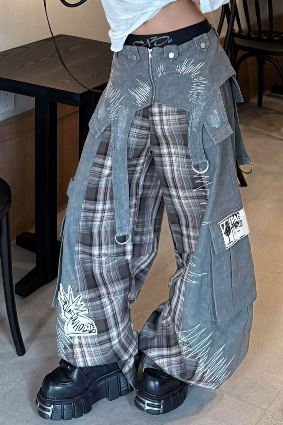 Patchwork Plaid Wide-Leg Jeans