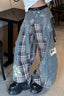 Patchwork Plaid Wide-Leg Jeans