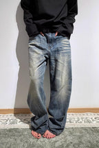 Embroidered Slouchy Straight Denim Trousers