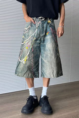 Retro Plus Size Chain Print Wide Leg Denim Shorts