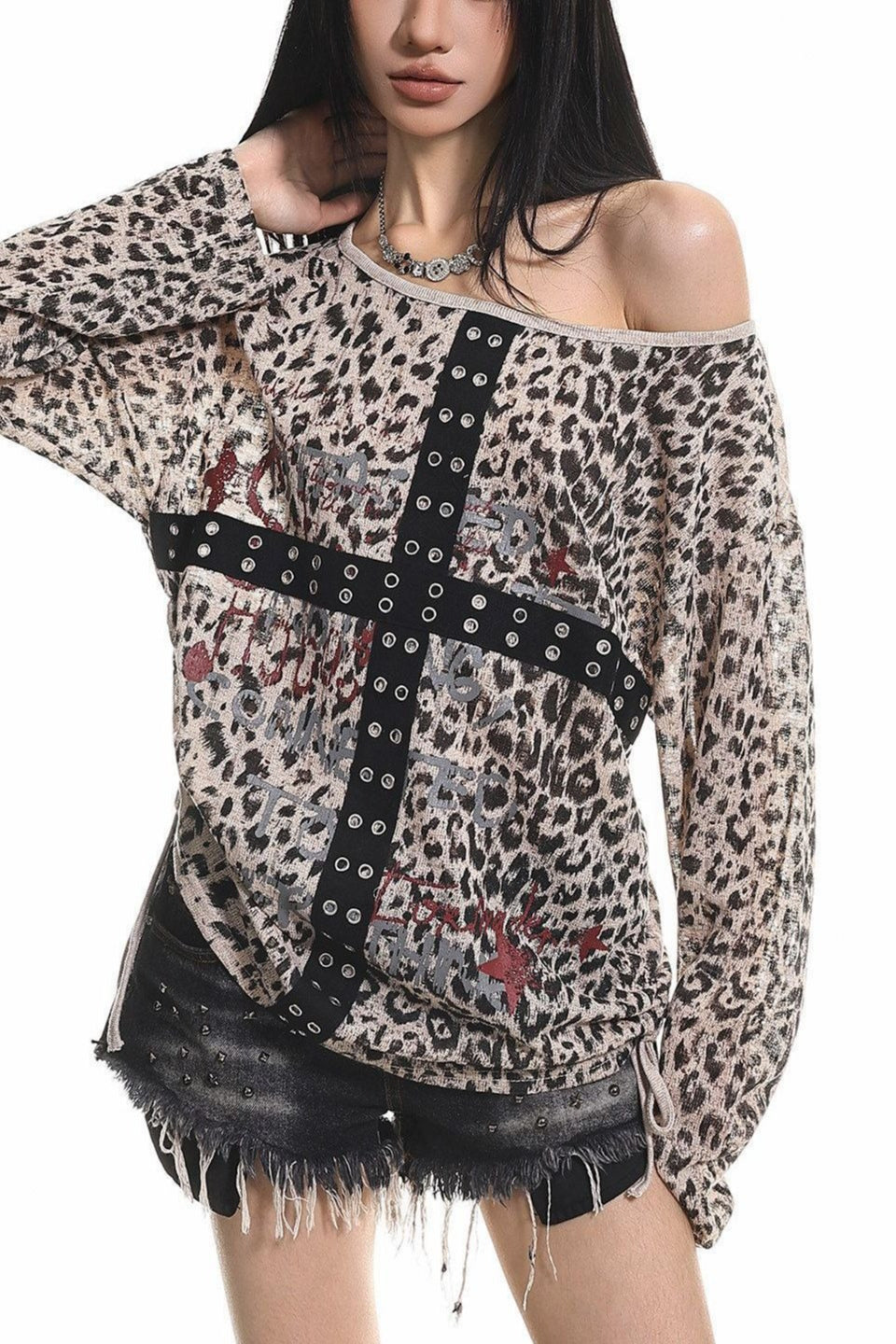 Drawstring Leopard Letter Printed Off Shoulder T-shirt Secondary image
