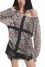 Drawstring Leopard Letter Printed Off Shoulder T-shirt