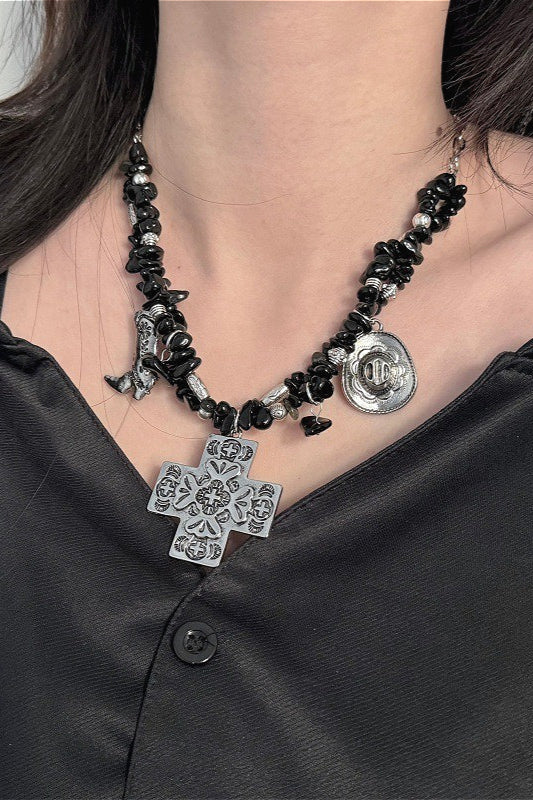 Punk Black Crushed Stone Cross Necklace