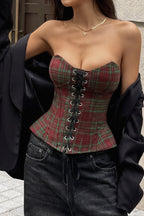 Plaid Strapless Lace Up Corsets