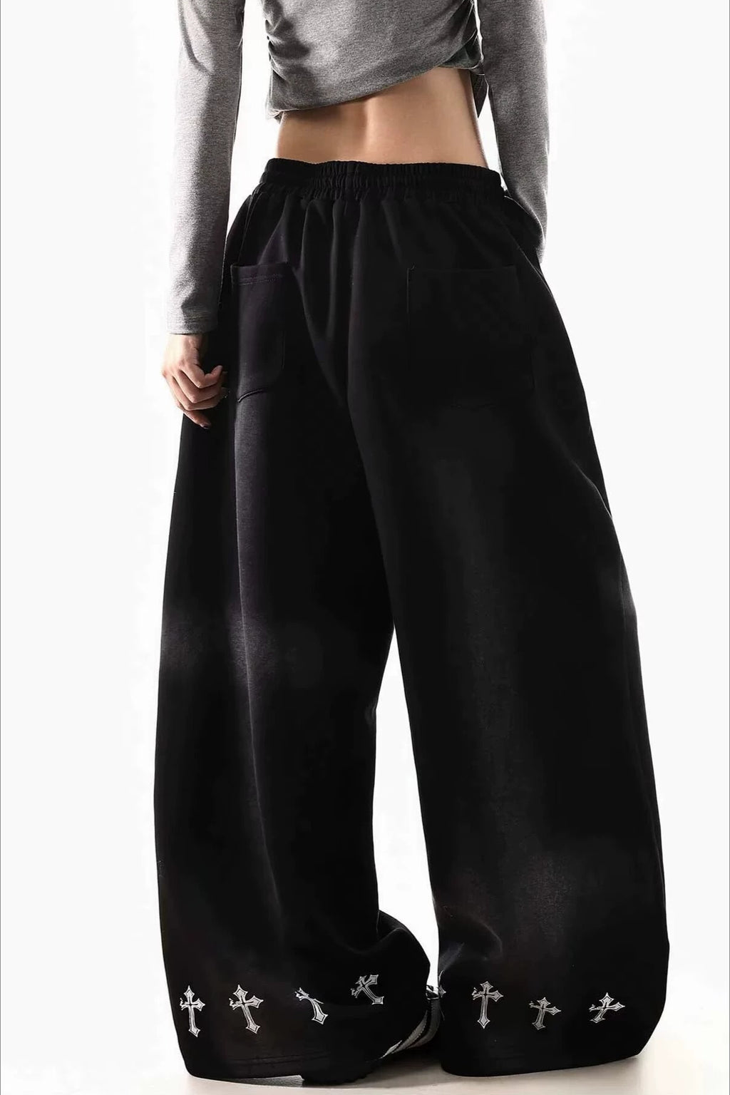 Cross Print Barrel Denim Pants