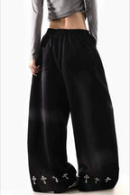 Cross Print Barrel Denim Pants
