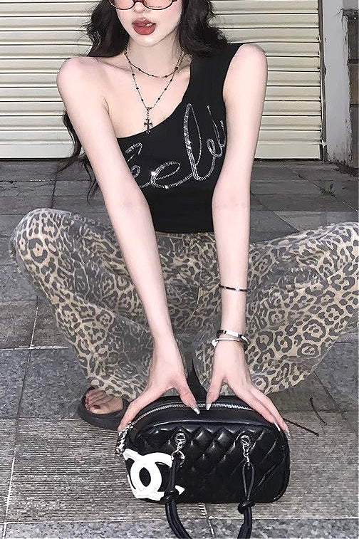 Y2K Letter Rhinestone One Shoulder Camis