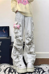 Y2K White Cargo Loose Straight Pants
