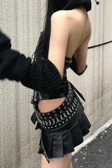 Sexy A-Line Biker Pleated Leather Mini Skirt
