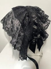 Gothic Lolita Maid Black Lace Bow Veil Hat