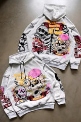 Gothic Skull Print Light Gray  Hoodie