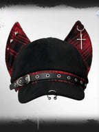 Y2K Gothic Punk Devil Ear Leather Buckle Cross Black Beret Hat