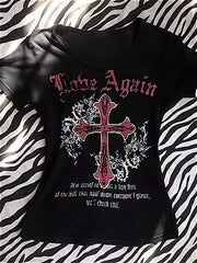 Punk Y2K Cross Print Short Sleeve T-shirt