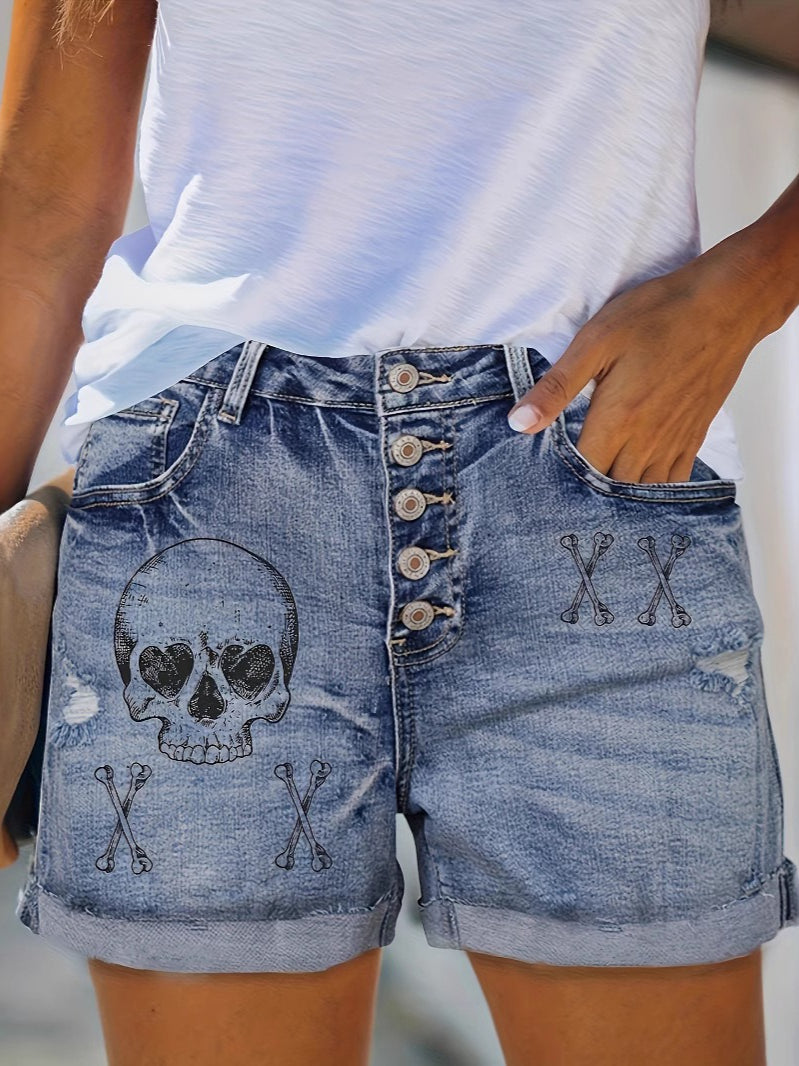 Punk Vintage Printed Distressed Stretch Shorts Main image